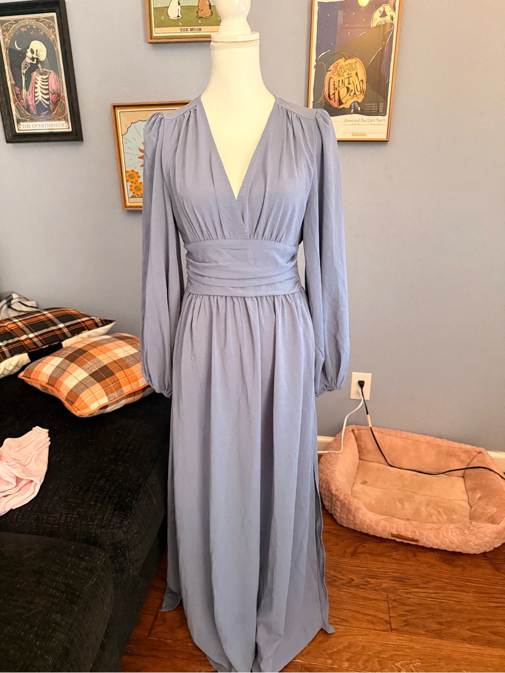SHEIN Dusty Blue Long Sleeve V-Neck Maxi Dress